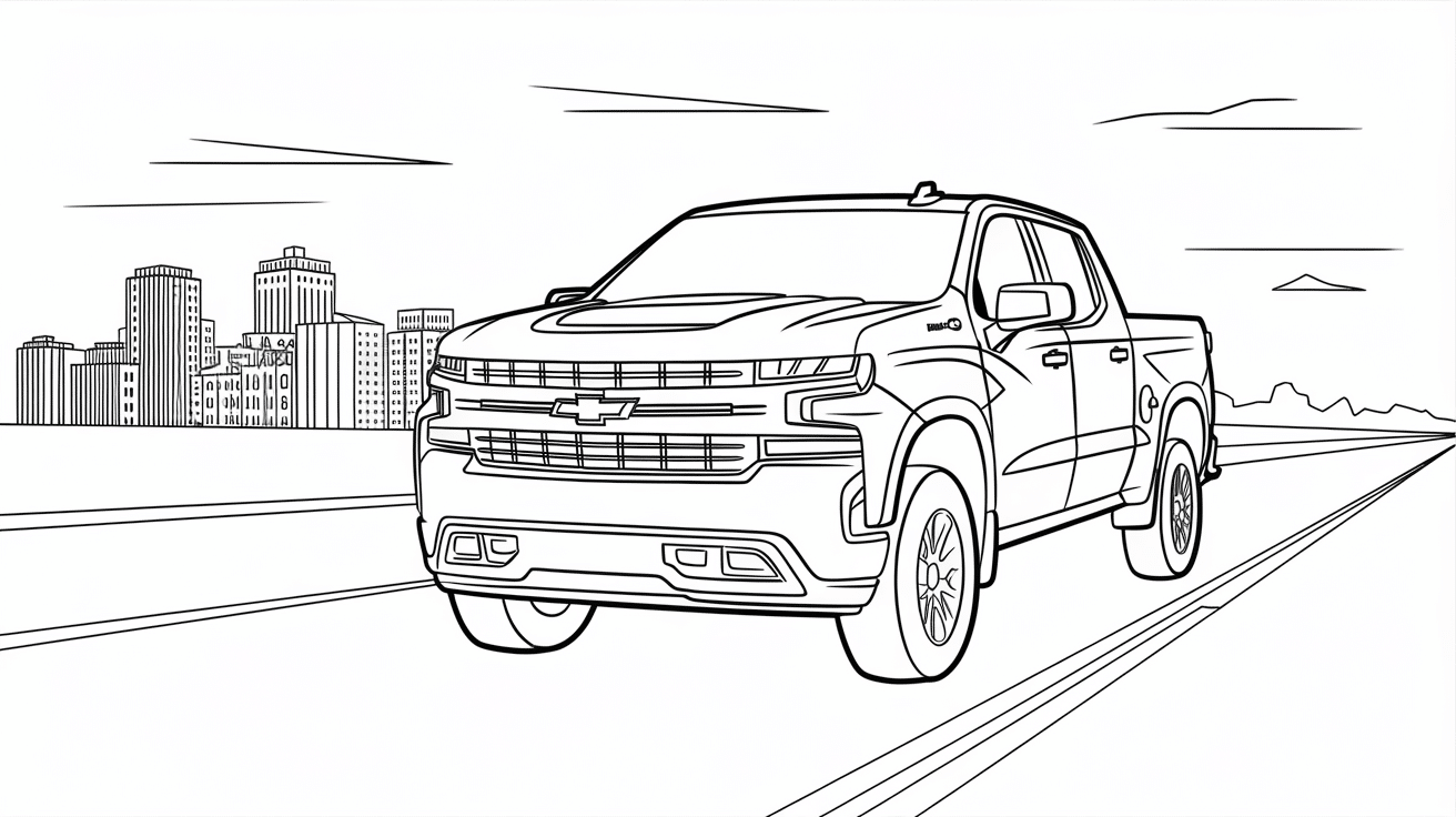 A_Chevrolet_Silverado_driving_on_a_highway_with_city_buildings_in_the_distance
