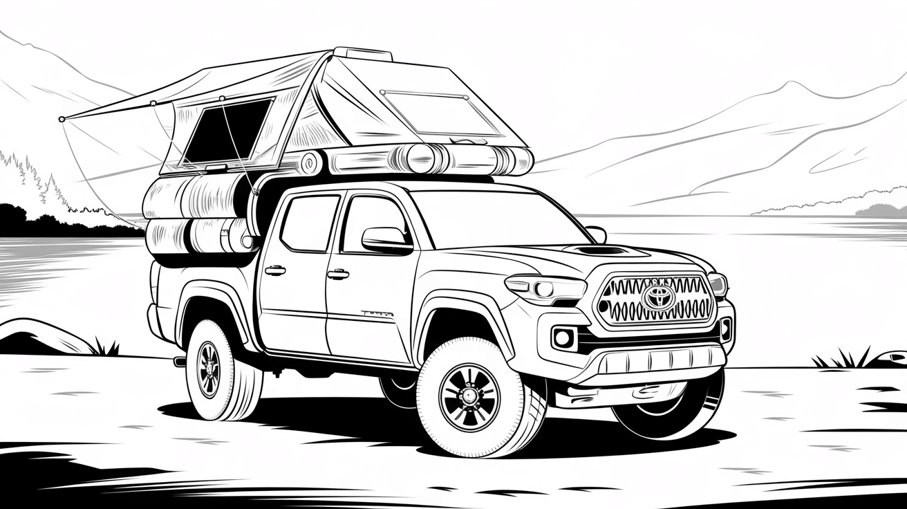 A_Toyota_Tacoma_loaded_with_camping_gear_and_parked_beside_a_lake