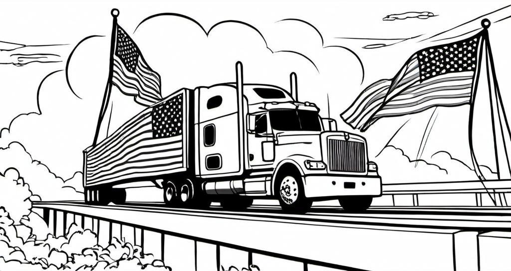 A_big_rig_with_a_patriotic_flag_theme_crossing_a_bridge_at_sunset