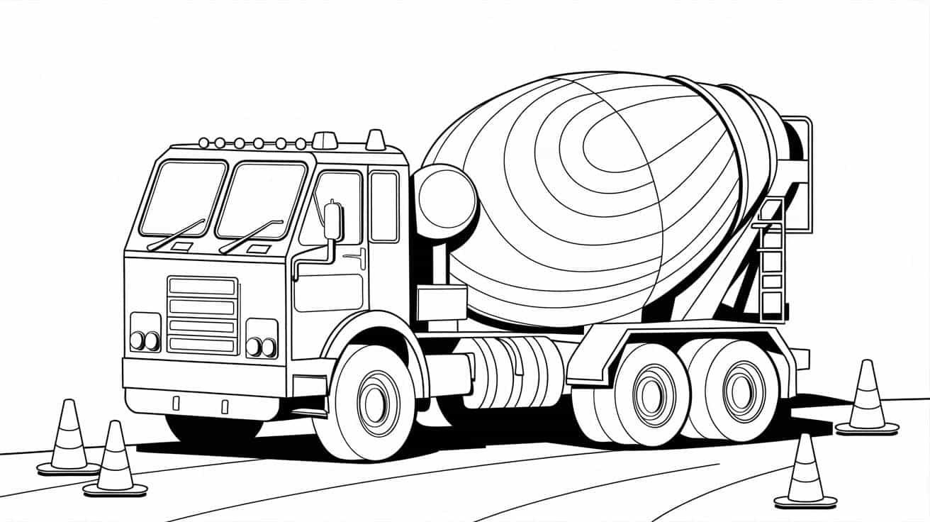 A_cement_mixer_with_swirls_painted_on_the_drum_is_parked_by_orange_cones