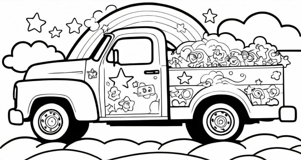 A_colorful_truck_with_star_and_rainbow_decals_zooming_through_clouds