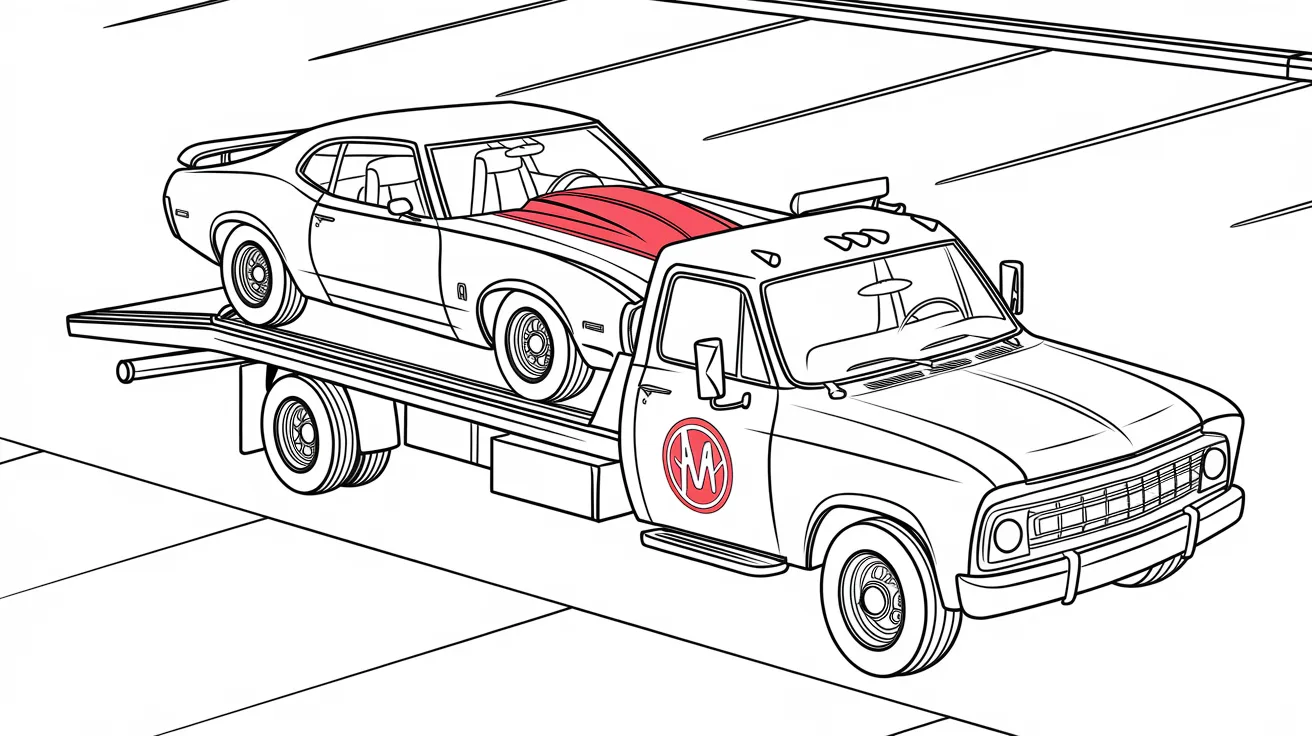 A_flatbed_tow_truck_with_a_classic_muscle_car_loaded_on_the_back