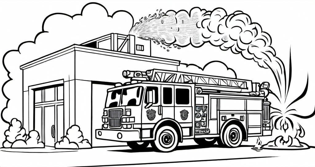 A_modern_fire_engine_spraying_water_onto_a_cartoon-style_burning_building