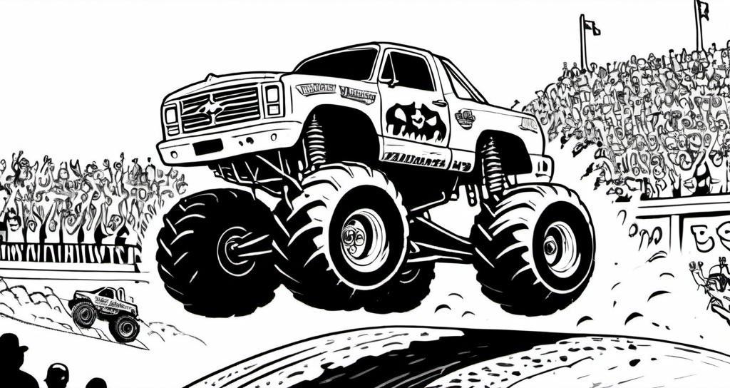 A_monster_truck_jumping_off_a_dirt_ramp_with_a_cheering_crowd_in_the_background