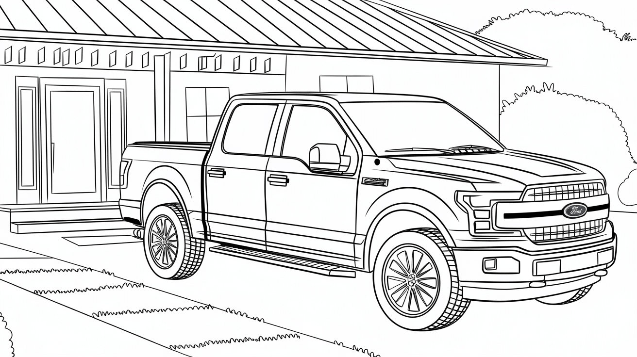 A_sleek_Ford_F-150_with_a_shiny_black_exterior_parked_by_a_modern_home