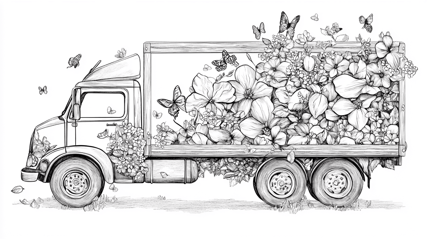 A_spring_delivery_truck_decorated_with_colorful_flowers_and_butterflies