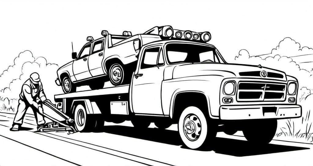 A_tow_truck_pulling_a_broken-down_car_on_a_sunny_roadside