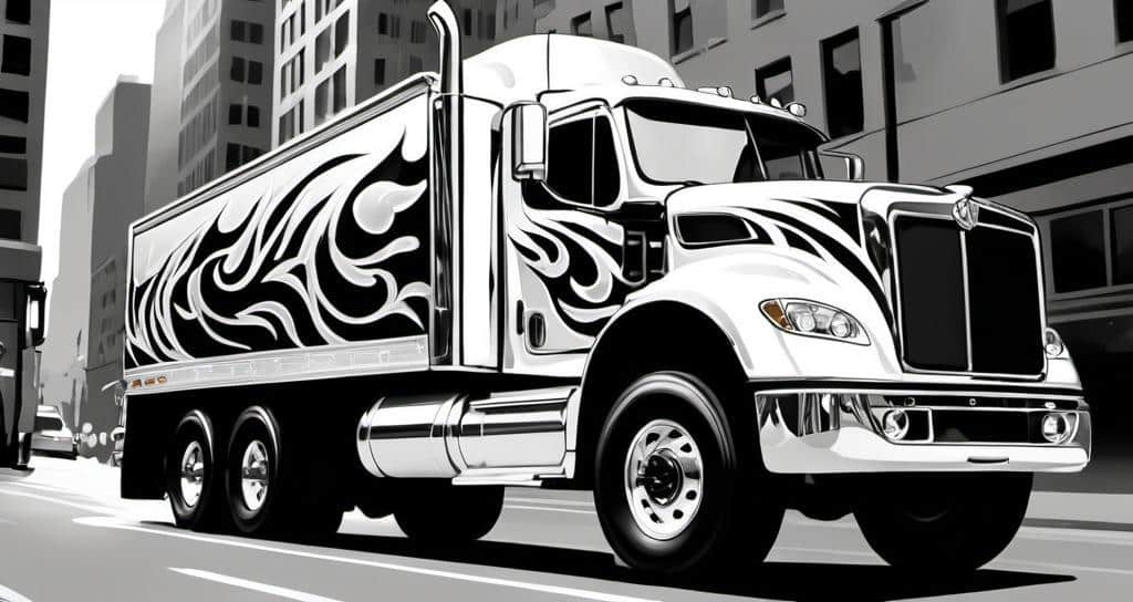 A_truck_with_flame_decals_and_a_shiny_metallic_paint_job_cruising_through_the_city