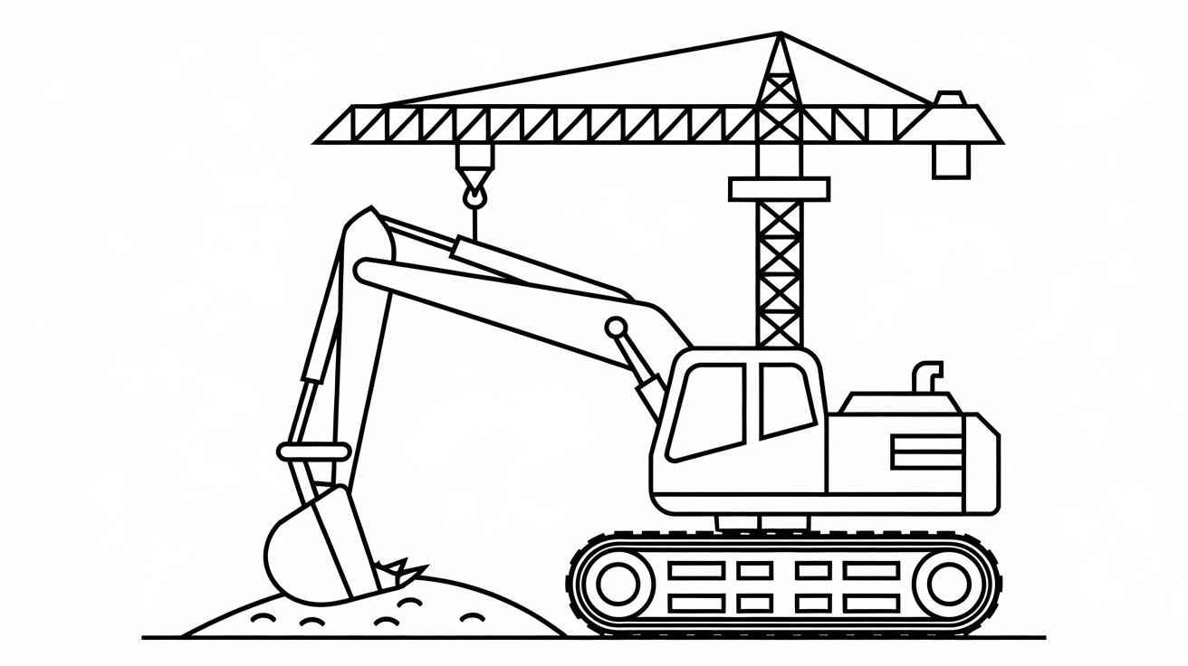 An_excavator_digging_dirt_with_a_crane_in_the_background