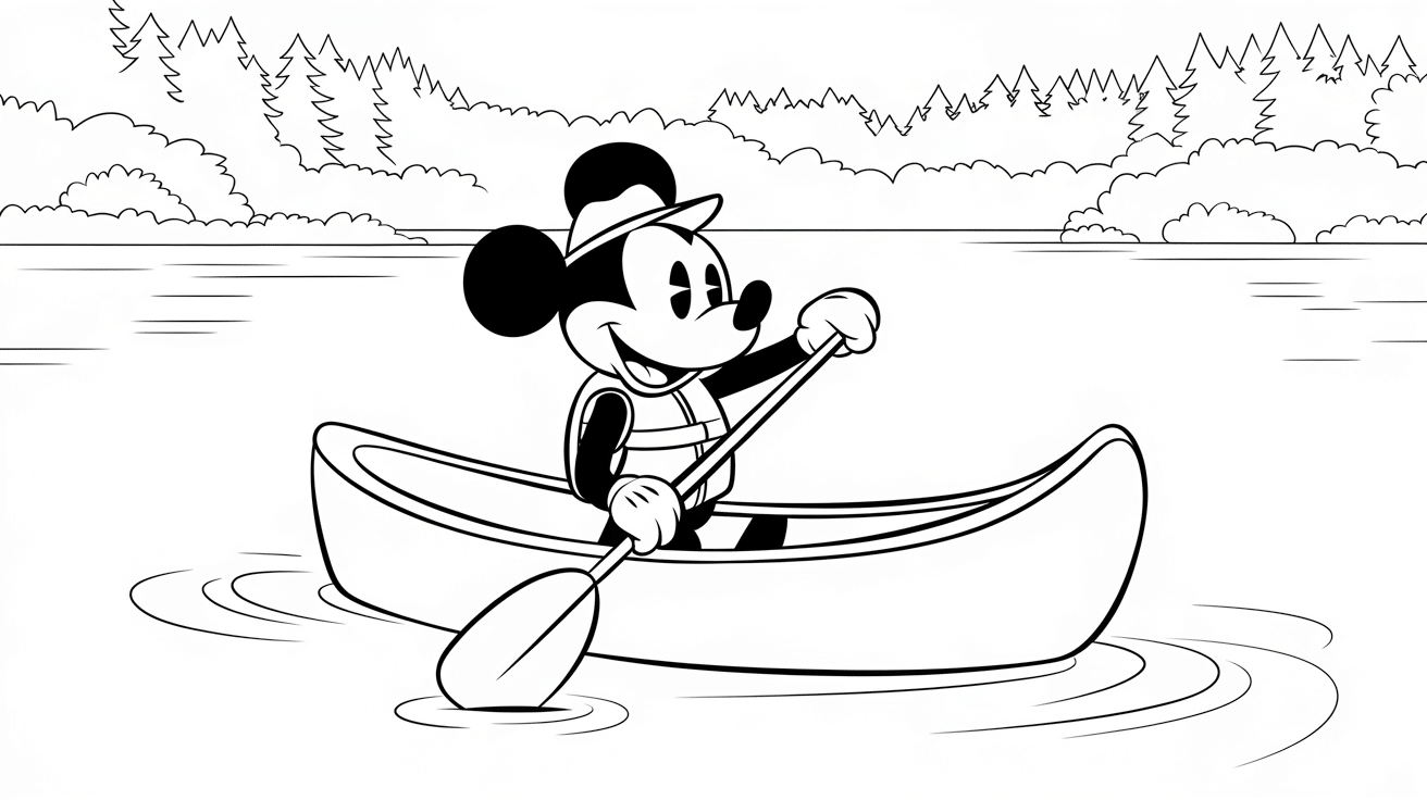 Mickey_Mouse_canoeing_on_a_calm_lake_wearing_a_life_jacket