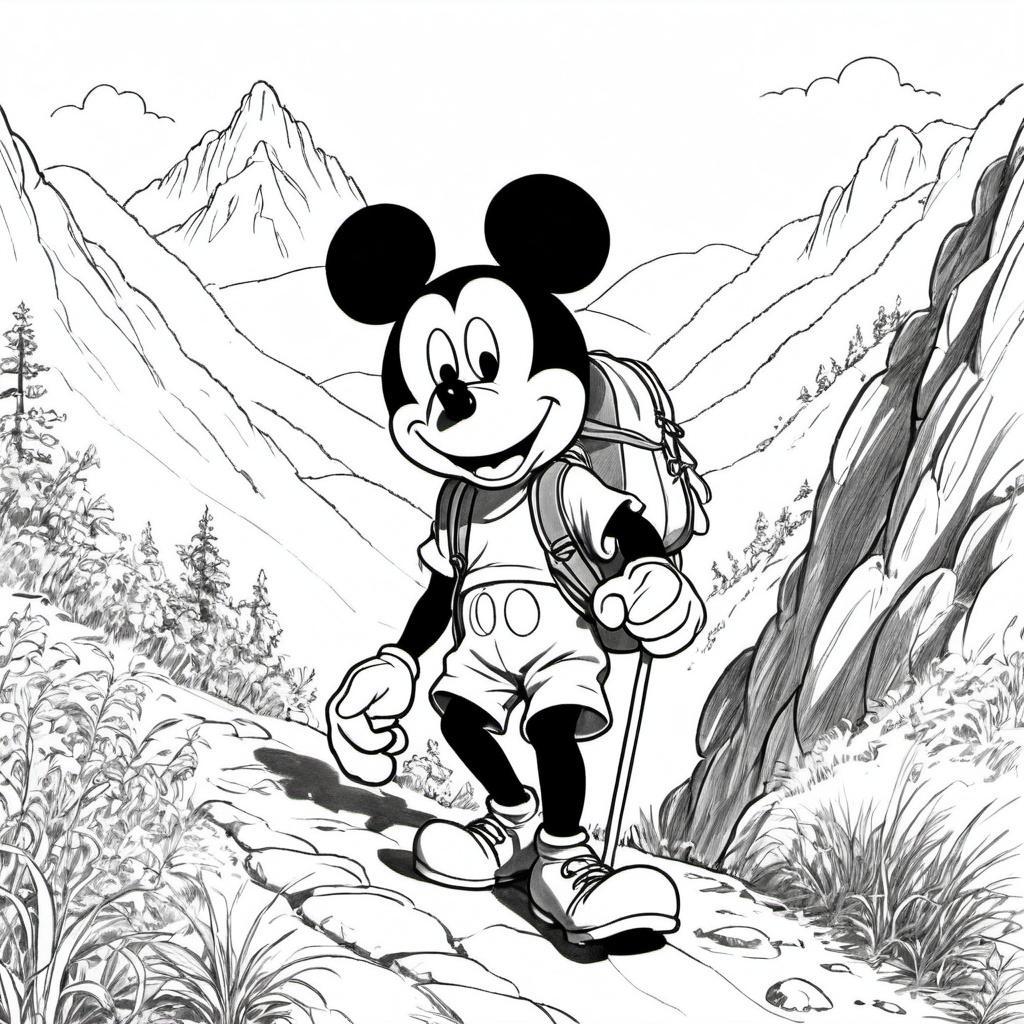 Mickey_is_hiking_up_a_mountain_trail_with_a_backpack_and_walking_stick