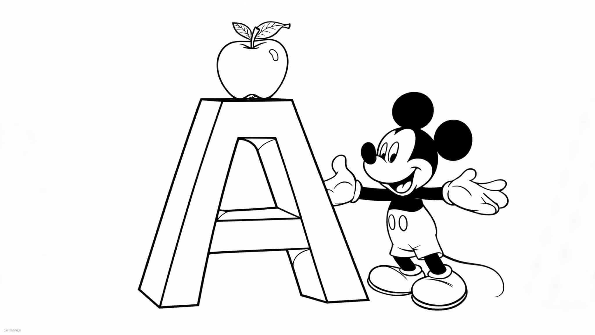 Mickey_is_holding_a_giant_letter_A_with_an_apple_on_top
