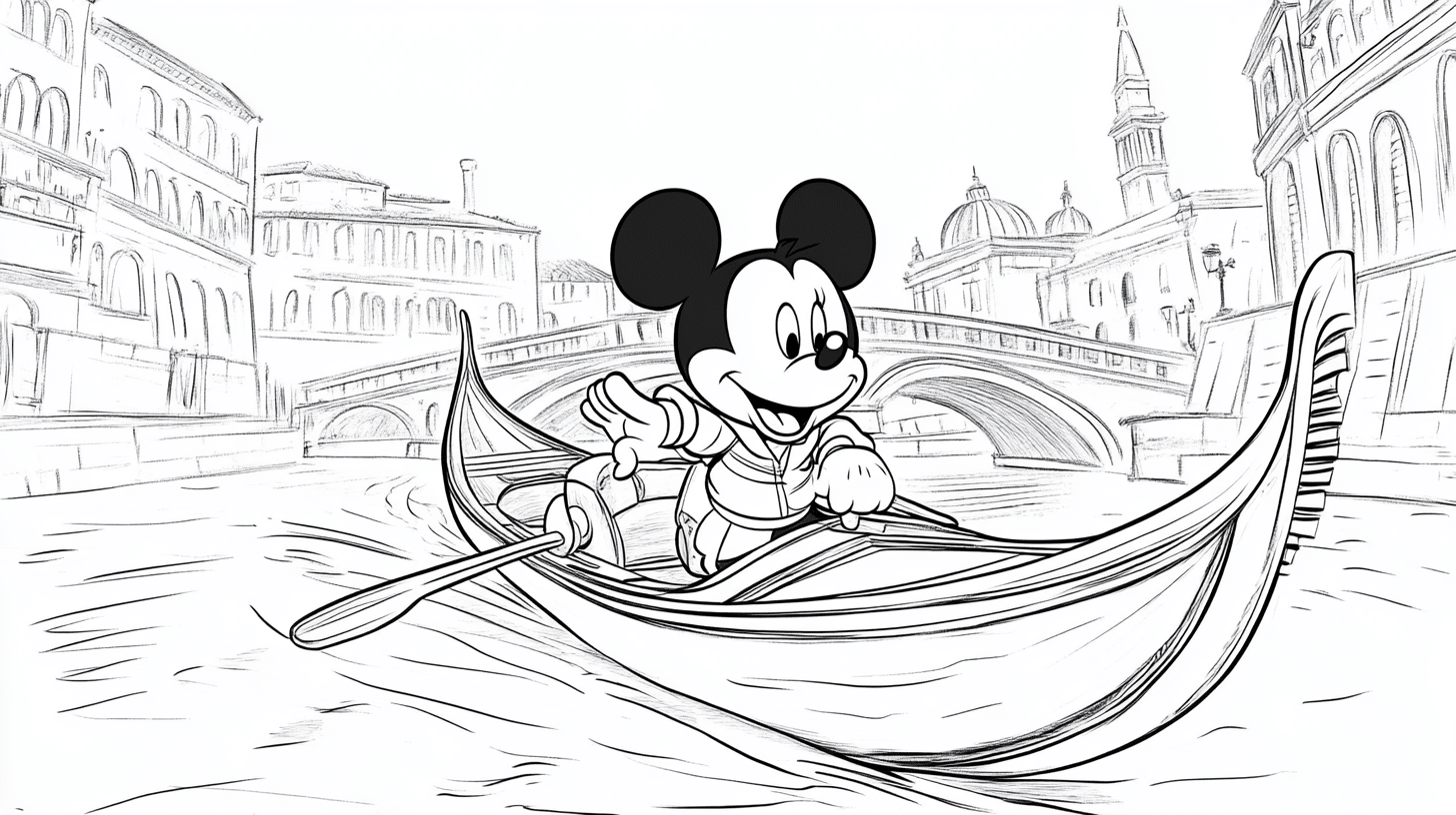 Mickey_is_riding_a_gondola_in_Venice_with_bridges_in_the_background