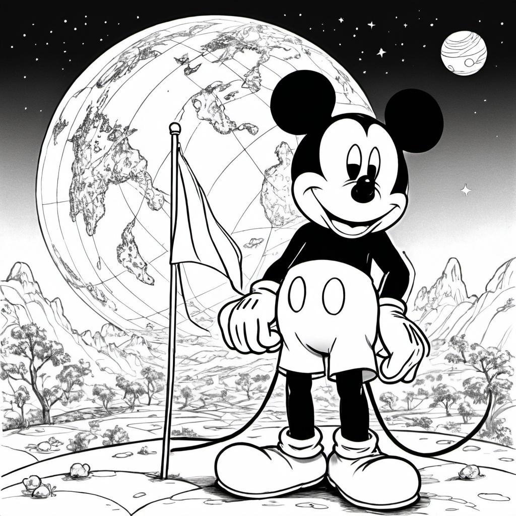 Mickey_is_standing_next_to_a_giant_planet_with_a_flag_in_his_hand