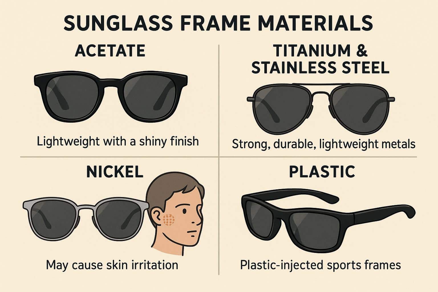 Detailed infographic showing different sunglass frame materials: acetate with shiny finish, titanium and stainless steel metals, nickel frames indicating skin irritation, and plastic-injected sports frames, with labels explaining properties, in a clear and educational style.