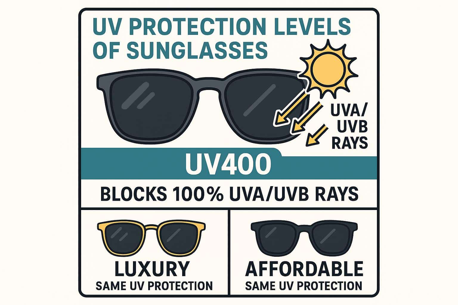 Visual diagram demonstrating UV protection levels of sunglasses, highlighting UV400 standard blocking 100% UVA/UVB rays, with a comparison between luxury and affordable sunglasses offering the same UV protection, styled as an informative infographic.