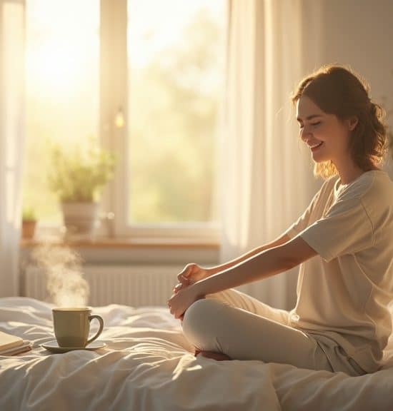 woman enjoying morning tea in cosy sunlit bedroom