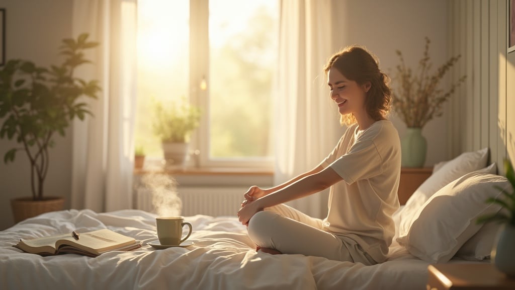 woman enjoying morning tea in cosy sunlit bedroom