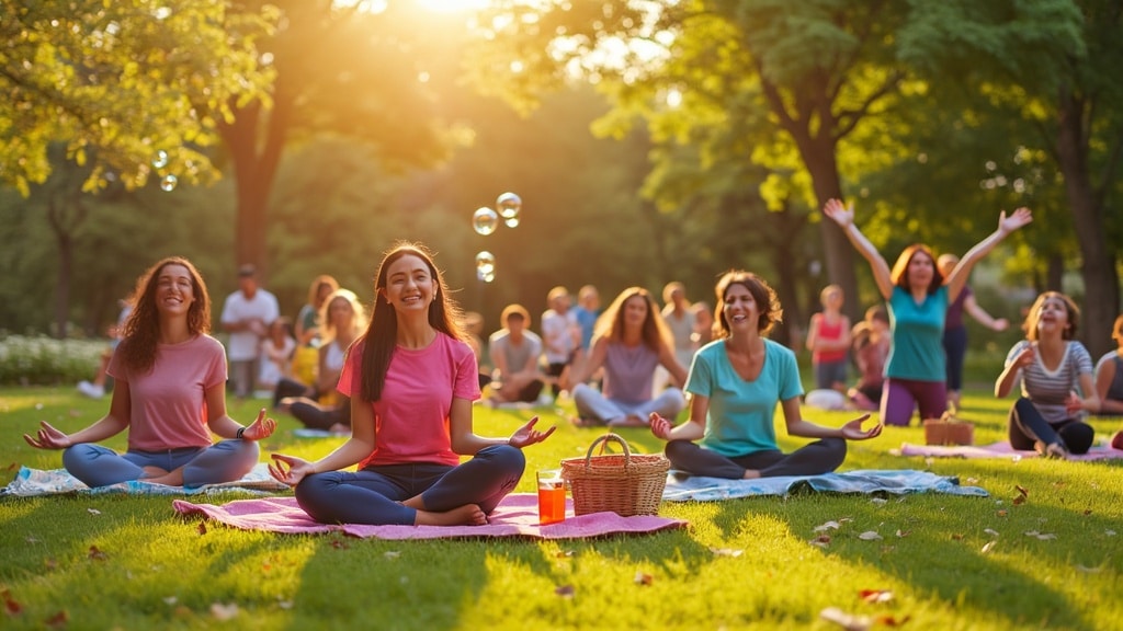 group of women doing yoga class in park