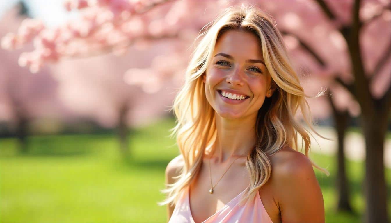 smiling woman in spring blossom garden, sunny outdoor portrait