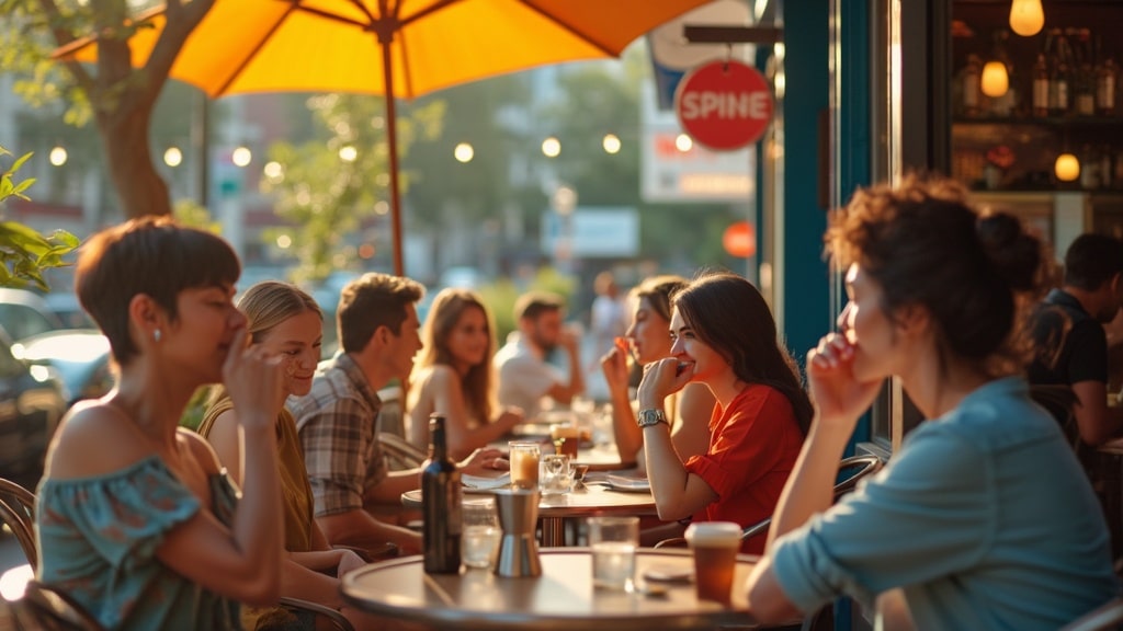 outdoor café dining in summer sunshine, friends enjoying drinks