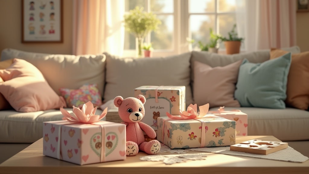 gifts with teddy bear on cosy living room table