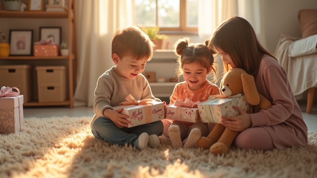 cheerful children opening presents