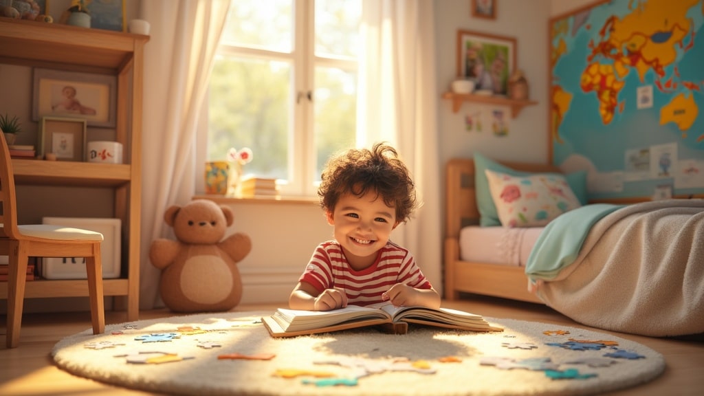 child reading book on the bedroom floor