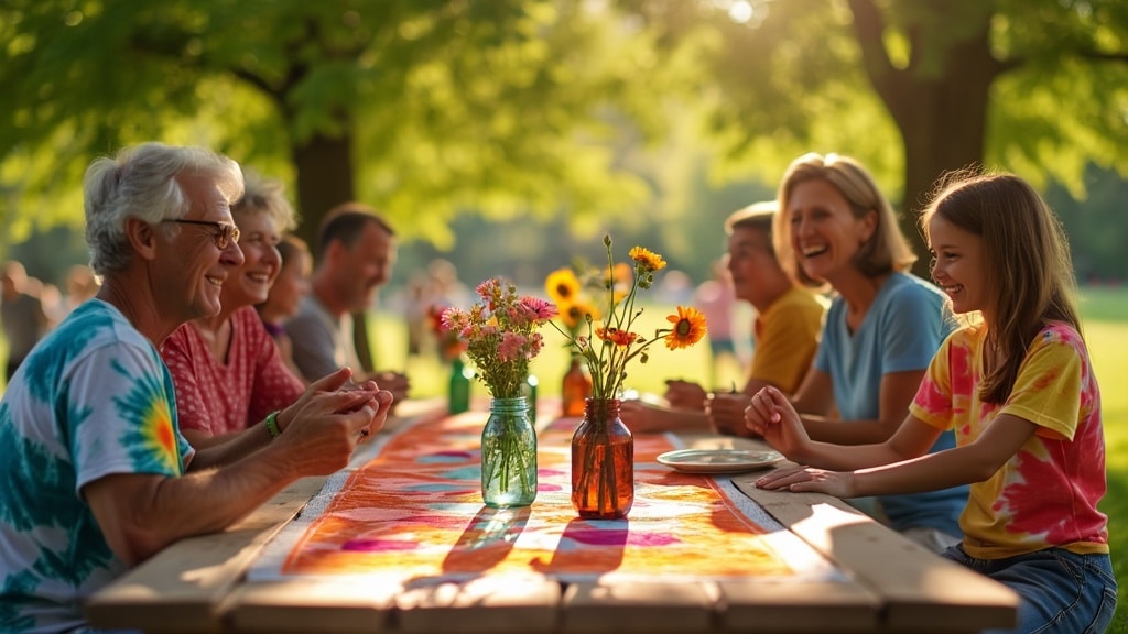 family enjoying outdoor picnic at colourful table in summer park