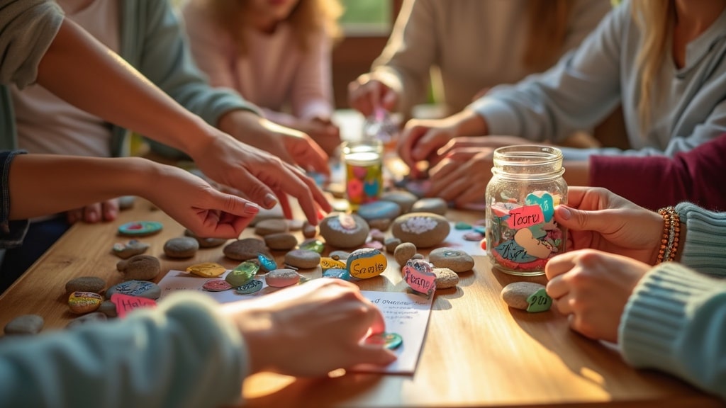 Family reunion keepsakes display; Family picnic with crafts