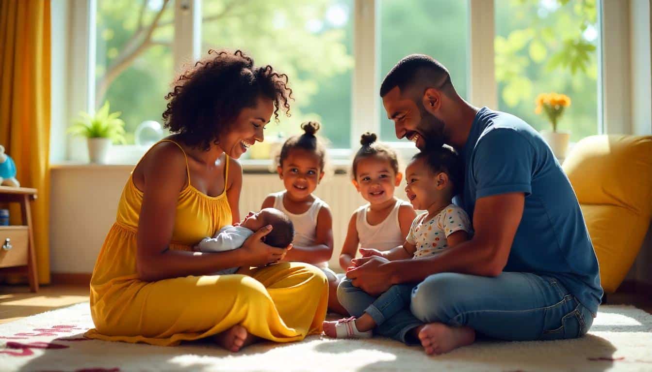 happy family bonding with newborn baby at home