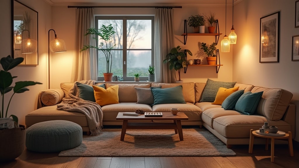 cosy modern living room with sectional sofa and warm lighting