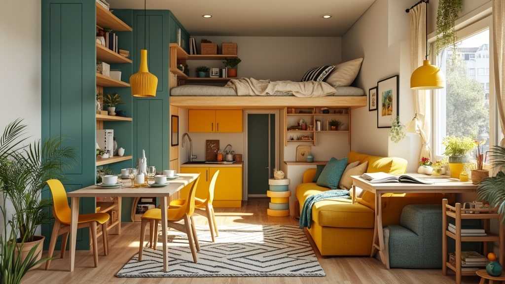 modern colourful studio apartment with loft bed and natural light