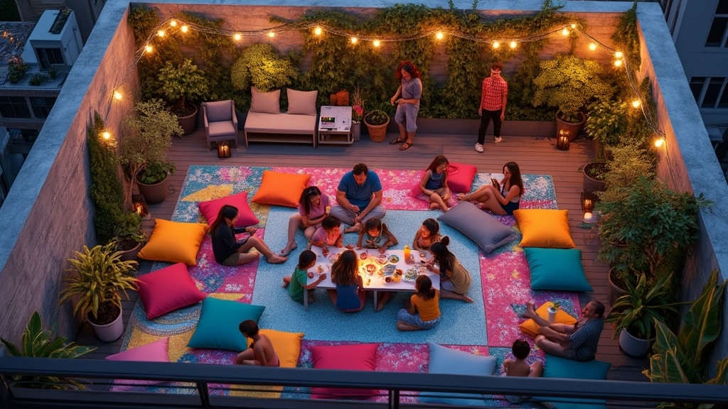 rooftop evening party with family, colourful pillows and lights