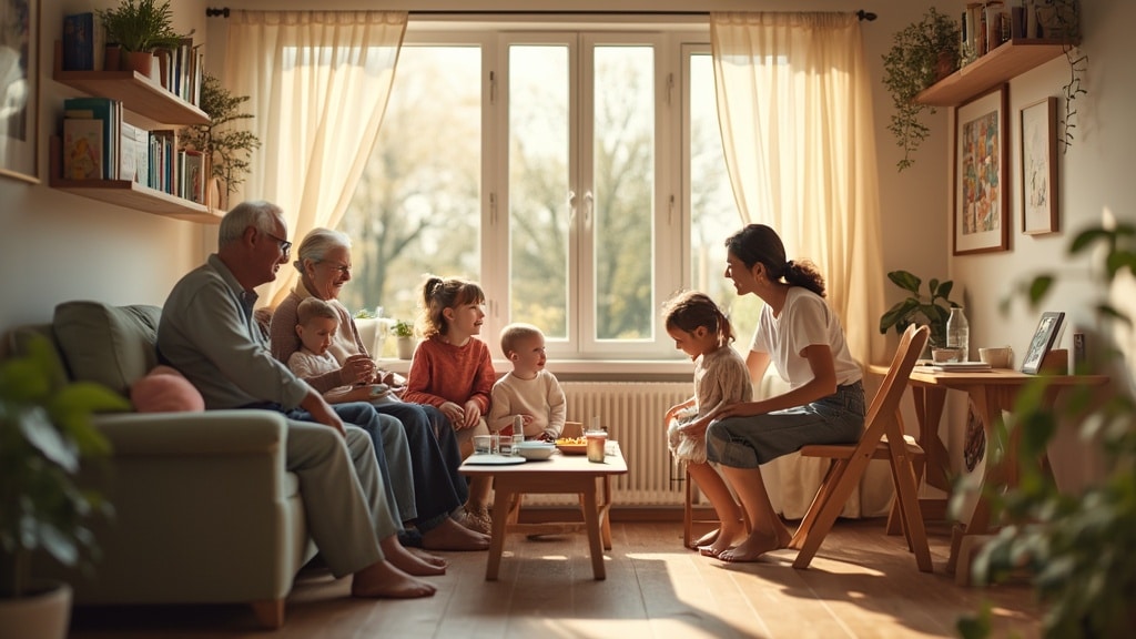 multi-generational family bonding in cosy, sunlit living room