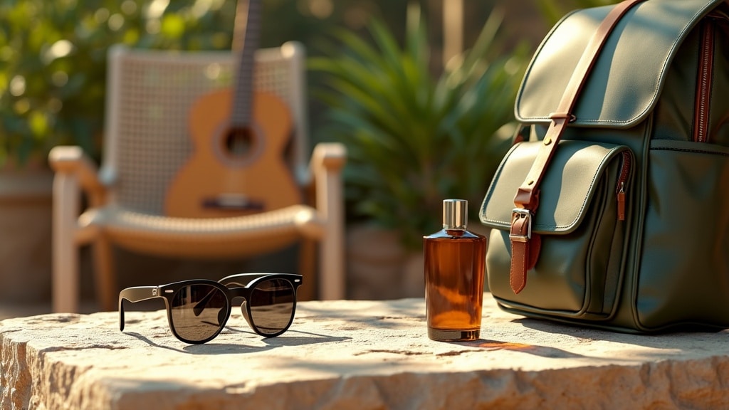 sunglasses, perfume bottle, leather bag for modern dads