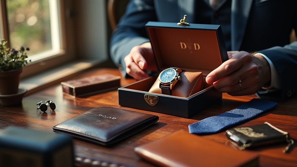 luxury men's watch gift box on elegant wooden desk