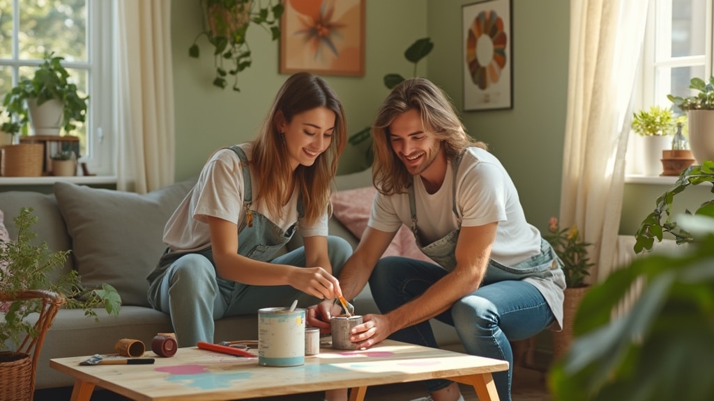 couple painting together at home in cosy living room
