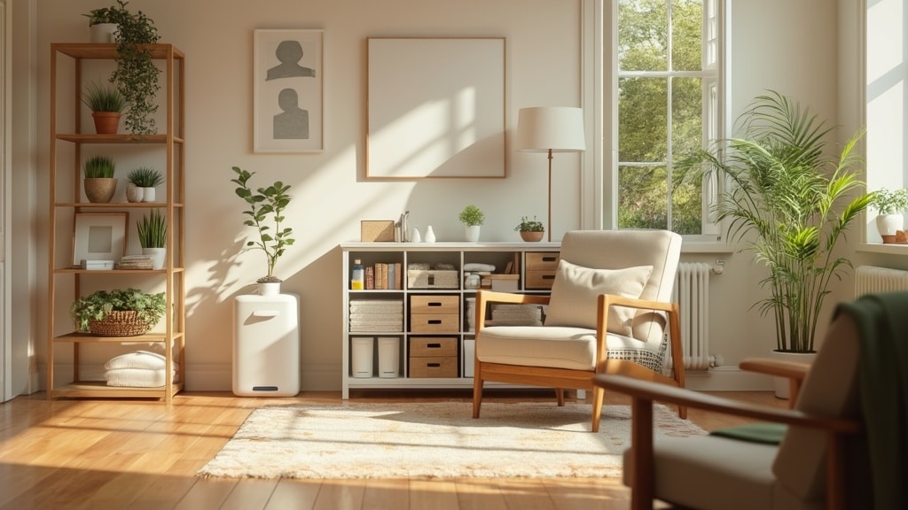 modern minimalist living room with natural light and indoor plants