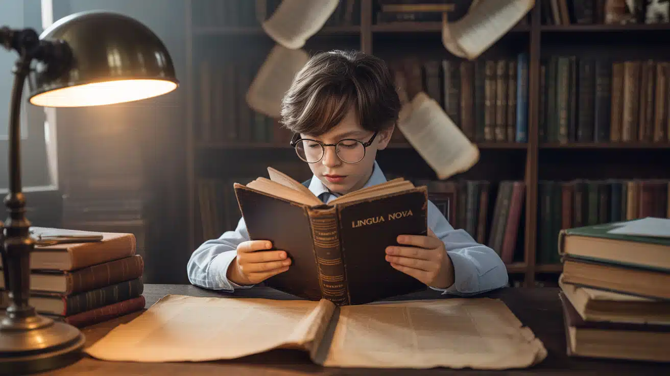 A photograph of a young boy intently studying a worn, leather-bound book