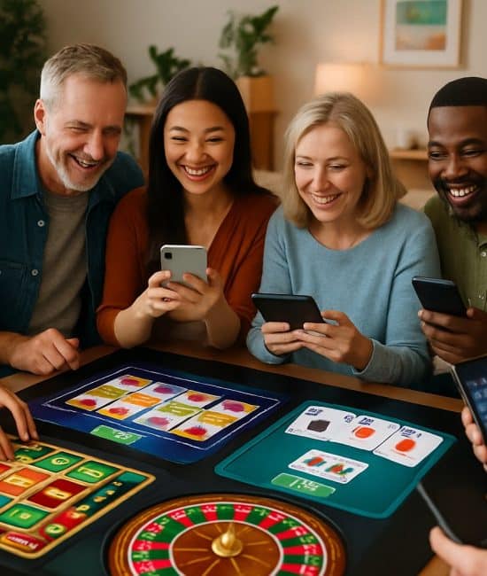 A diverse group of people playing digital casino games together on a large touchscreen table in a bright living room.