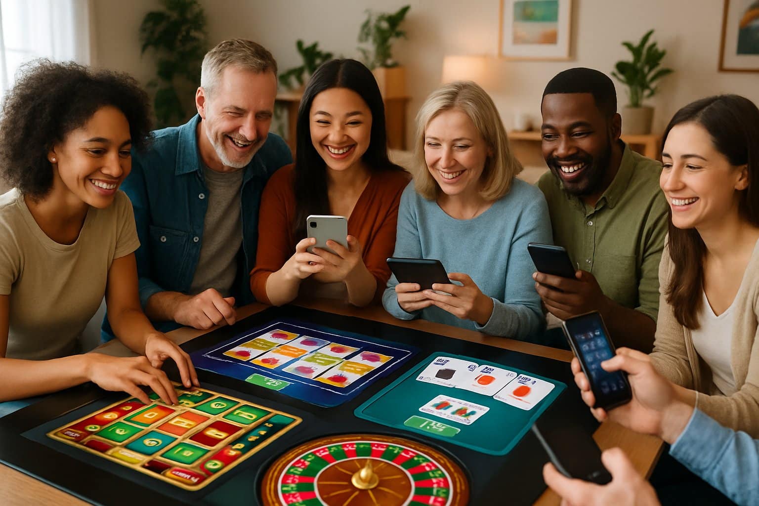 A diverse group of people playing digital casino games together on a large touchscreen table in a bright living room.