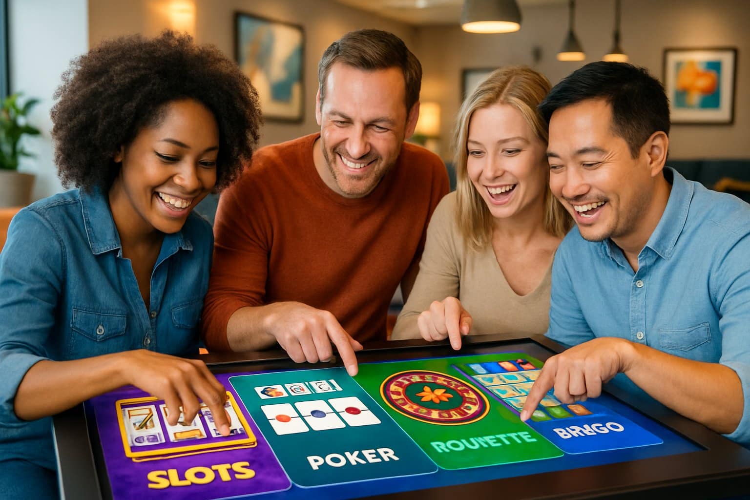 A group of people gathered around a digital touchscreen table playing various social casino games like slots, poker, and roulette in a modern lounge.