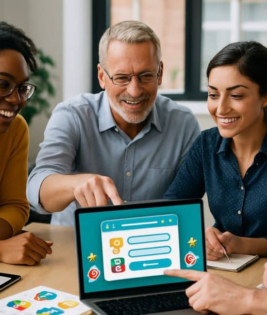A group of people gathered around a table discussing and learning about sweepstakes using laptops and printed materials in a bright office.
