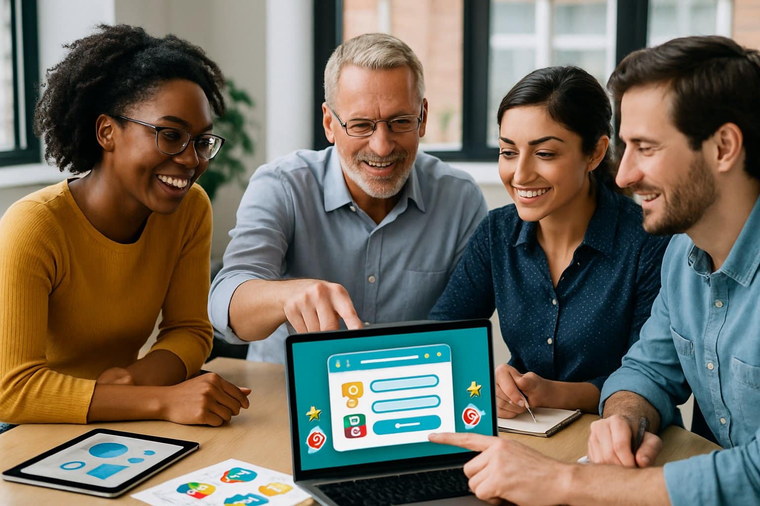 A group of people gathered around a table discussing and learning about sweepstakes using laptops and printed materials in a bright office.