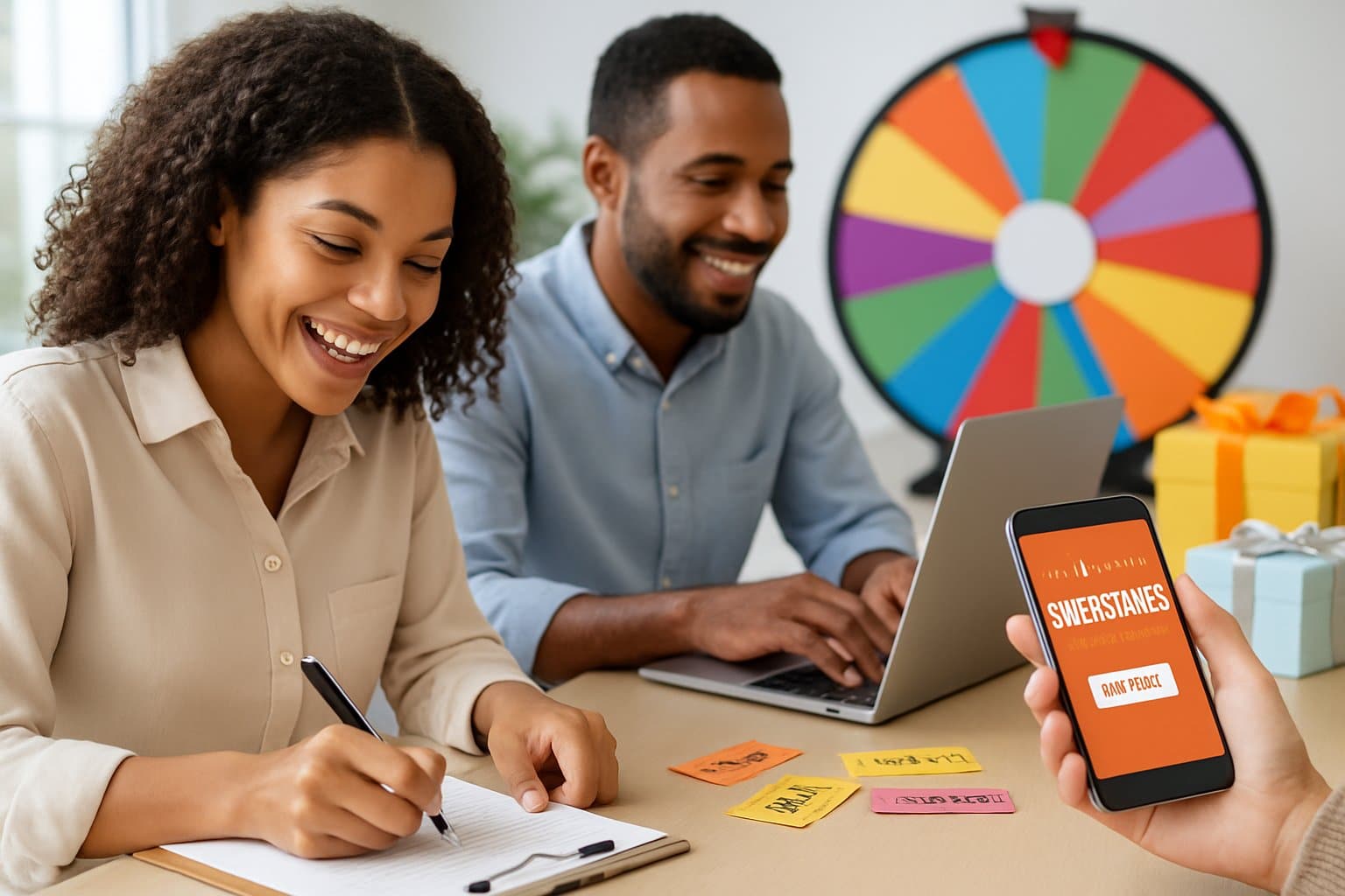 A group of people participating in sweepstakes activities using paper forms, a laptop, and a smartphone around a table with raffle tickets and prize boxes.