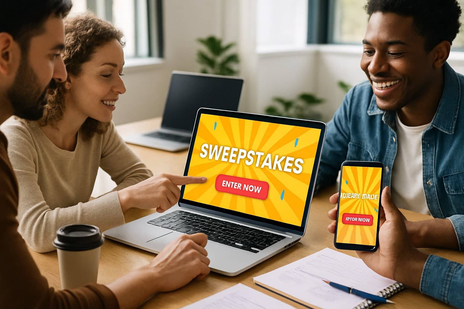 A group of people using laptops and smartphones to enter sweepstakes in a bright office setting.