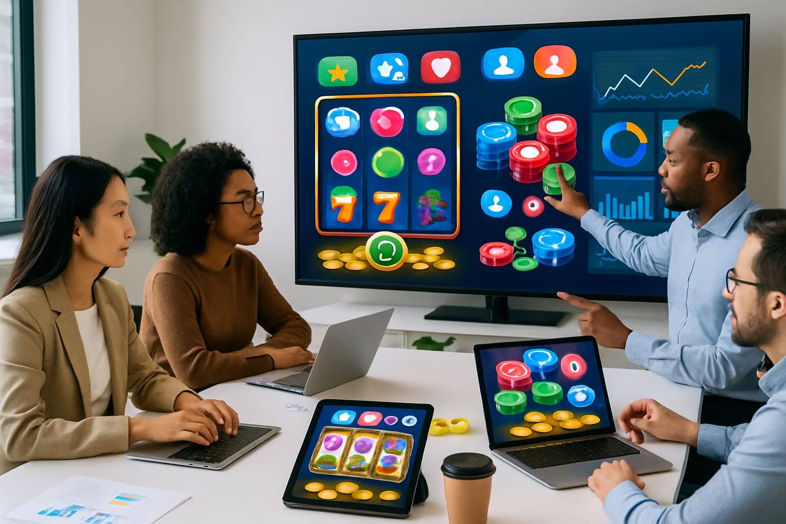 A group of professionals in an office discussing digital casino game interfaces displayed on screens and devices.