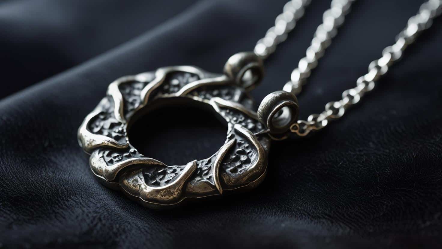 Close-up of a vintage-style silver necklace with a textured circular pendant resting on black leather fabric