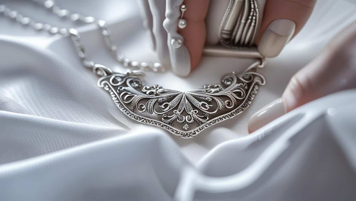 Elegant sterling silver necklace with ornate detailing being held by a woman wearing pearl-accented gloves on white fabric.